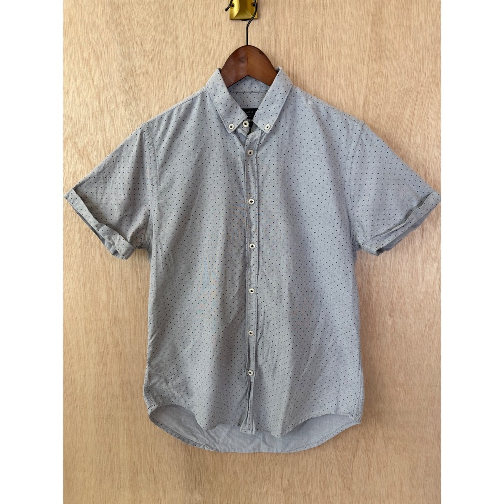 Zara Man Slim Fit Short Sleeve Polka Dot Button Down Shirt Blue Medium